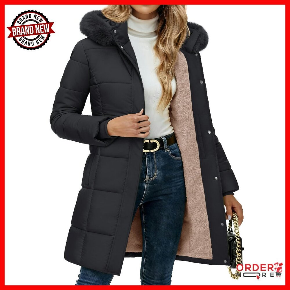 Knee Length Fleece Lined Puffer Jacket With Hood Waterproof Parka